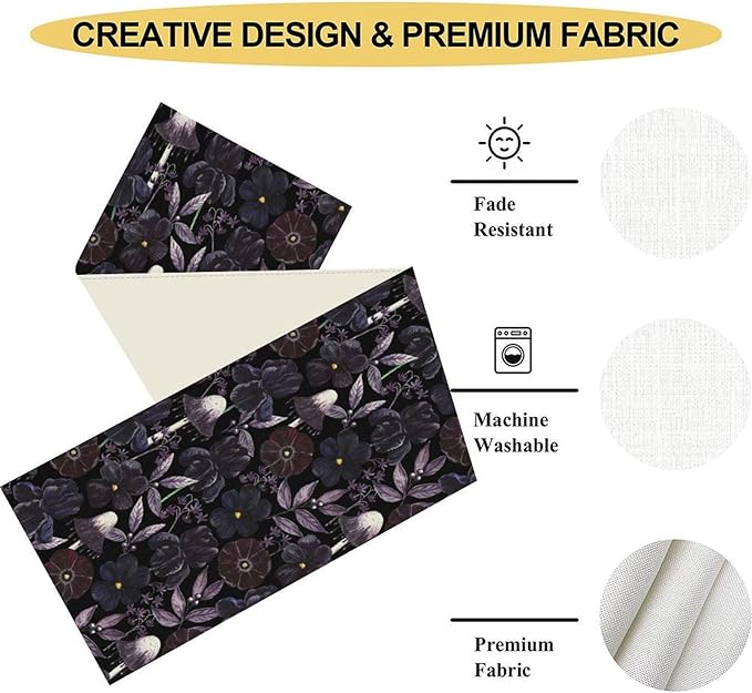 Gothic Floral Table Runner, Dark Purple Vintage Garden Flower Witchy Mushroom Farmhouse Coffee Table Center Decor for Home Kitchen Dining Patio Holiday Party Table Decorations 13x36 inches