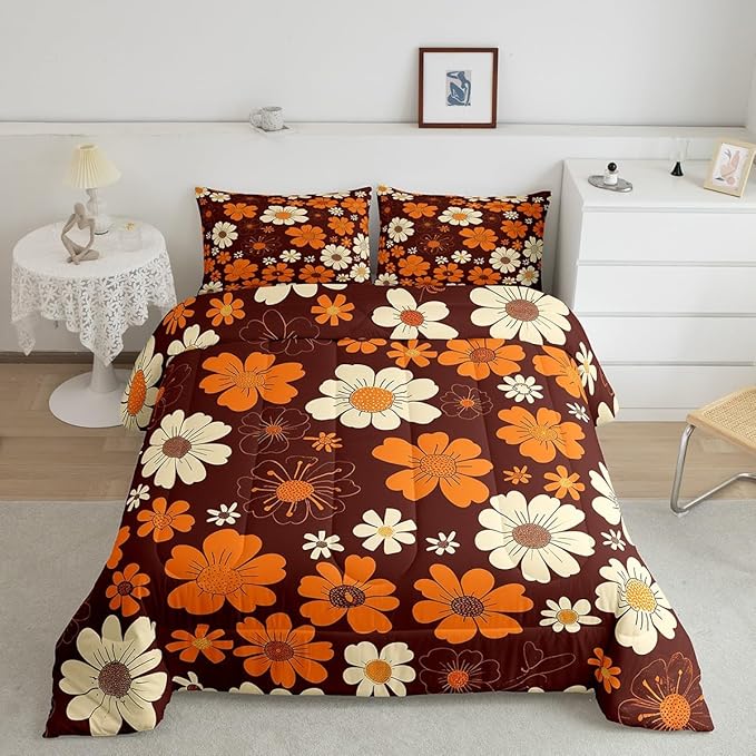Castle Fairy 70s Groovy Flowers Comforter Set Twin Size,Hippie Retro Farmhouse Plant Quilt Set for Kids Boys Bedroom Collection,Brown White Yellow Floral Polyester Bedding with 1 Pillowcase,2Pcs