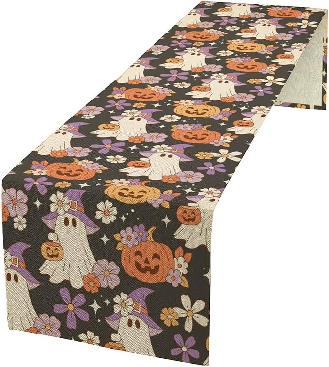 Halloween Table Runner ,Cute Ghost Pumpkin Pattern Table Runner for Home Kitchen Table Dining Garden Farmhouse Wedding Party Decor 13x120 Inch