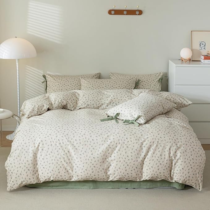 VM VOUGEMARKET Full Comforter Set-Green Comforter,Cute Floral Bedding Comforter Sets,3 Pieces,1 Soft Botanical Flowers Comforter with 2 Pillowcases-79 x90