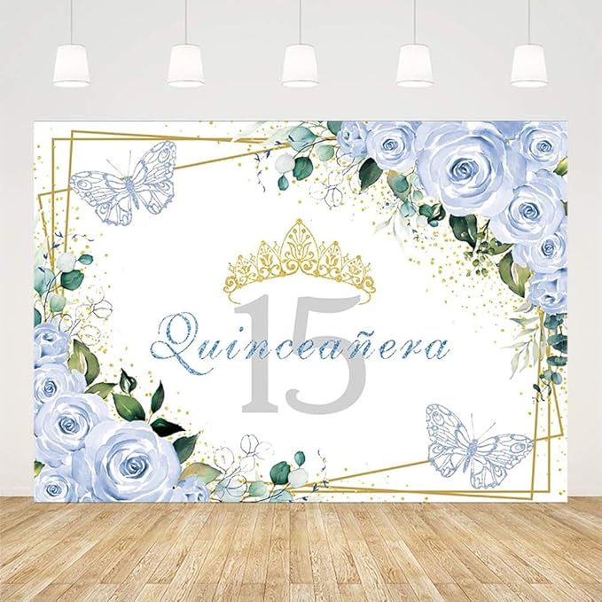 SENDY 7x5ft Quinceañera Backdrop Mis Quince 15 Anos Birthday Party Decoration Supplies for Girl Princess Blue Floral Butterfly Golden Crown Photography Background Banner Photo Booth Studio Props