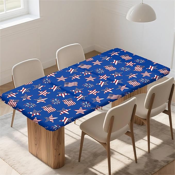 Rectangle Table Cloth Cover Waterproof Elastic Fitted Polyester Fitted Tablecloths for 8 Foot Tables for Indoor,Picnic, Camping, Outdoor （96" x 30"，American Flag）
