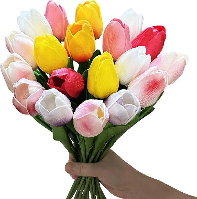 18pcs Multicolor Artificial Tulips 13" PU Artificial Flowers for Family Friend Gifts DIY Flower Arrangement Flowers in Home Kitchen Office Party Wedding Dining Table Decoration