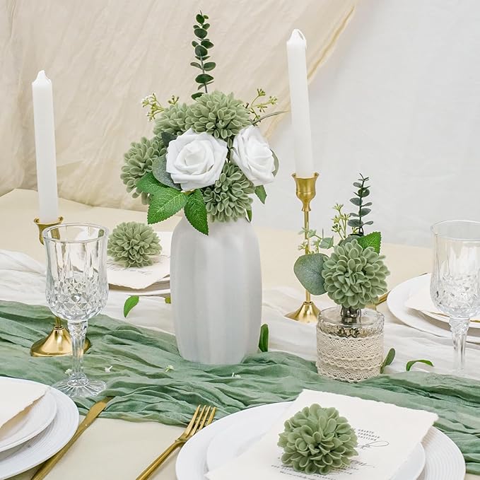 Artificial Flowers, 100pcs Sage Green Artificial Rose for DIY Wedding Bouquets Centerpieces Arrangements, Sage Green and White Dahlia Flowers with Stem for Bridal Shower Party Home Decorations