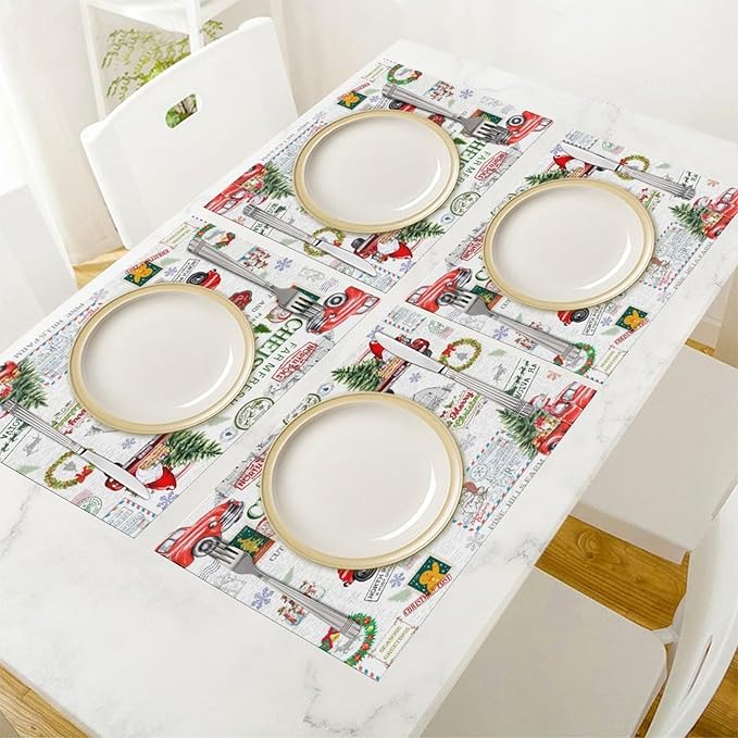 Christmas Placemats Simple Rustic Christmas Tree Red Gnome Truck Christmas Bells Gifts Wreath Snowman Greeting Card Placemats Table Kitchen Dining Party 12x18 Inch Set of 4