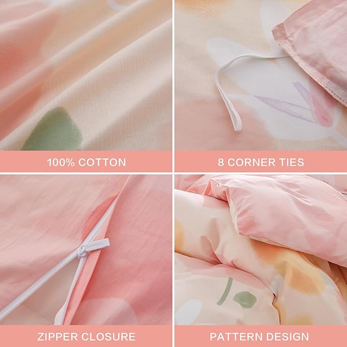 SAPHREAS Pink Floral Duvet Cover Set 2pcs Twin Size Botanical Bedding Comforter Cover Set 100% Cotton 1 Duvet Cover 68"x90" 1 Pillow Sham, Comforter Not Included