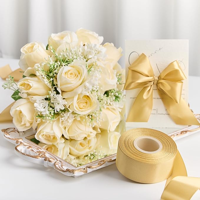 1-1/2 Inches 50 Yards Champaign Gold Satin Ribbon, Solid Fabric Ribbon Roll for Flower Bouquets, Gift Wrapping, Wedding, Handmade Crafts