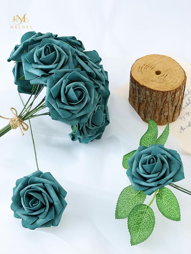 Meldel Artificial Flower 25pcs Real Touch Peacock Green Fake Foam Roses with Stems for DIY Wedding Bouquets Gifts Bridal Shower Faux Floral Centerpieces Arrangements Home Party Tables Decorations