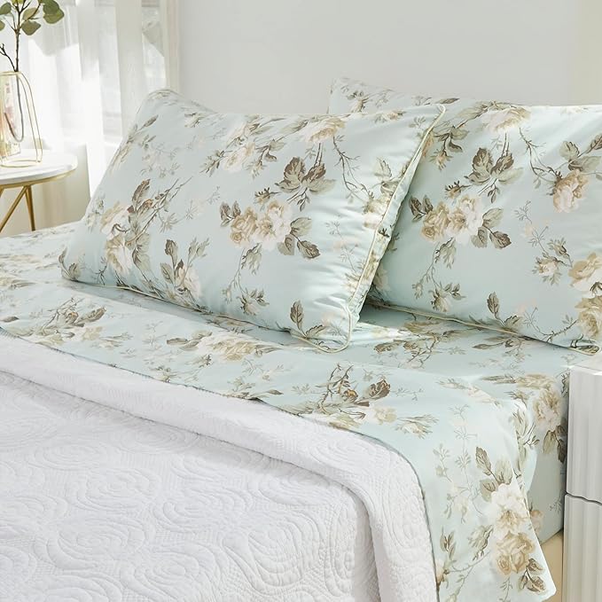Brandream French Country Garden Toile Floral Print Bed Sheet Set Luxury Bedding 800 Thread Count 100% Egyptian Cotton Deep Pocket Tapestry Pattern Chinoiserie Peony Blossom Tree, 4Piece-King Size