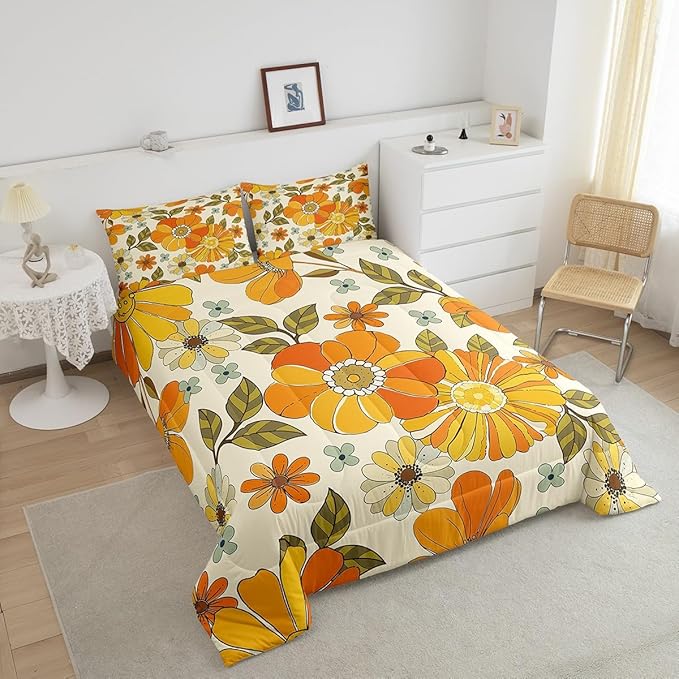 Castle Fairy Kids Retro Flowers Comforter Set Full Size,Watercolor Yellow Floral Green Leaves Plant Bedding Comforters Room Decor,70s Trippy Daisy Quilt Set with 2 Pillowcases,Teens Present