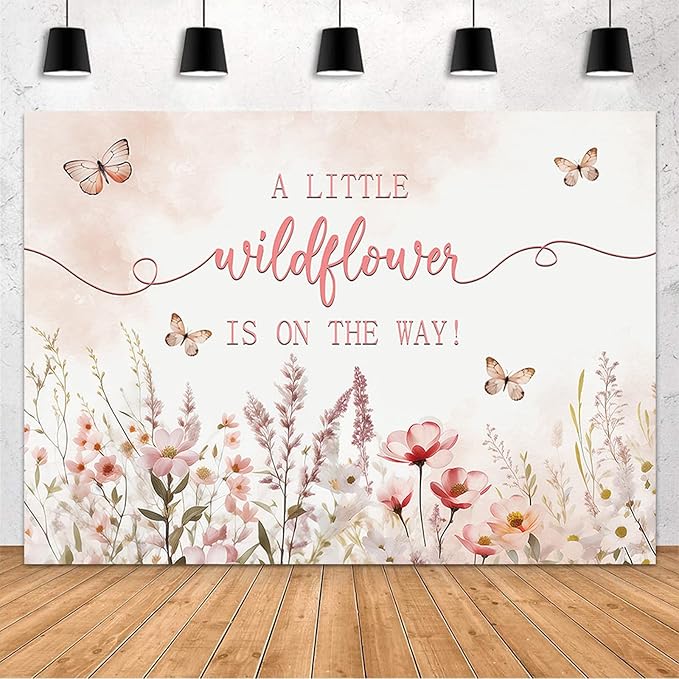 MEHOFOND 10x7ft Baby Shower Backdrop Pink Watercolor A Little Wildflower is On The Way Baby Shower Party Decorations Butterfly Theme Girl Banner Photography Background Props