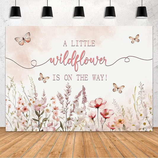 MEHOFOND 8x6ft Baby Shower Backdrop Pink Watercolor A Little Wildflower is On The Way Baby Shower Party Decorations Butterfly Theme Girl Banner Photography Background Props