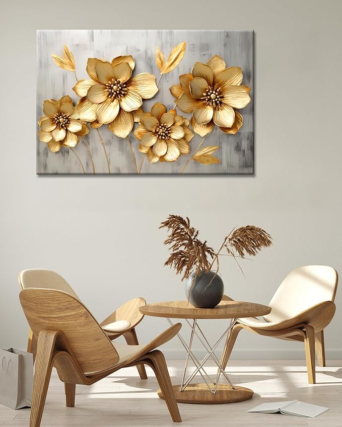 GLOKAKA Gold Metallic Flowers Print Wall Art Elegant Floral Flower Canvas on Grey Background Painting Picture Artwork for Living Room Bedroom Bathroom Decor (Gold Metallic Flowers, 24"x16")