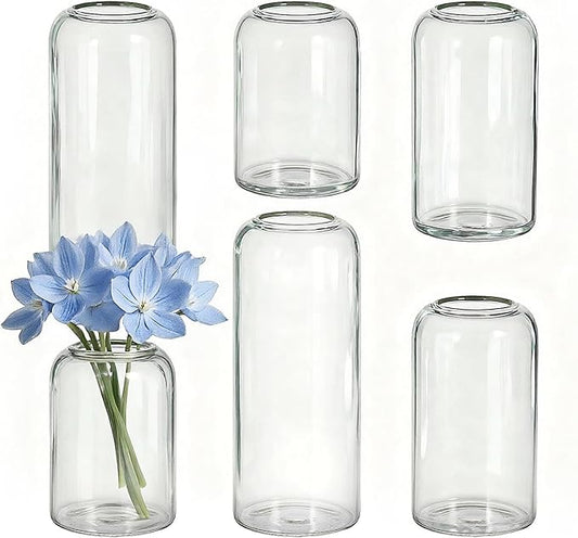 Glass Bud Vases Set of 6 Clear Flower Vase for Centerpieces Shelf, 3.9'' 4.9'' 6.7'' Modern Small Vases for Living Room Bedroom Office Home, Decor for Wedding House Warming Party