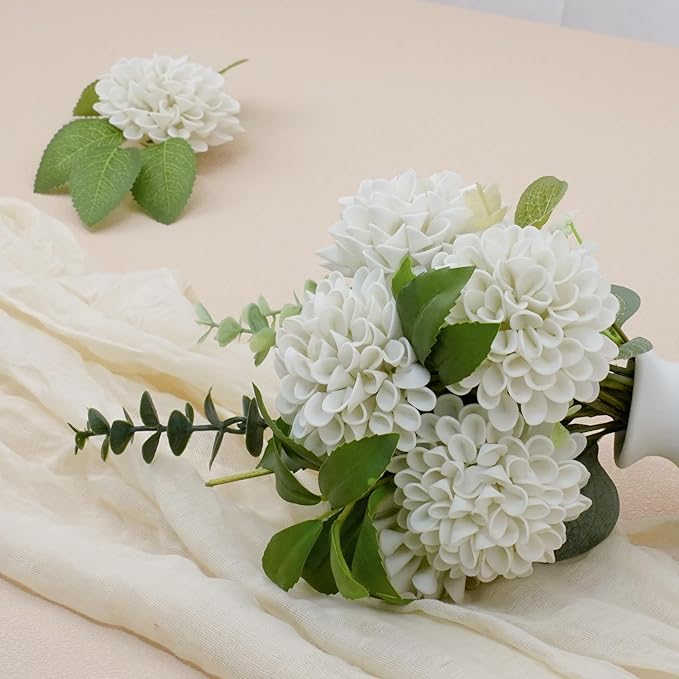 Artificial Flowers, 25pcs Realistic Artificial Rose for DIY Wedding Bouquets Centerpieces Arrangements, Sand White Dahlia Flowers with Stem for Bridal Shower Party
