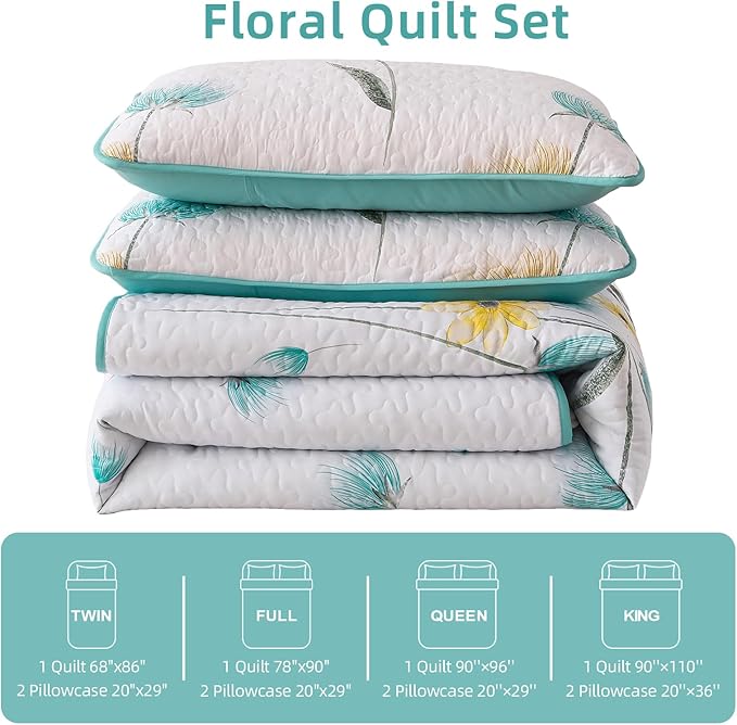 Dinjoy Floral Quilt Set Twin Size, Aqua Blue Bedspreads 2 Pieces Cute Bedding Set Lightweight Farmhouse Quilts Soft Flower White Coverlet Bed Sets for Women All Season 68"x86"
