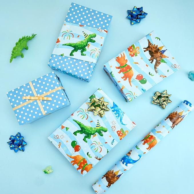 WERNNSAI Dinosaur Birthday Wrapping Paper Roll - 1 Roll 17”x 16.4 ft Blue Dinosaur Wrapping Paper for Boys Birthday Gift Packing Supply Baby Dino Decor Favor
