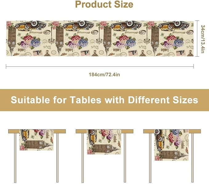 British Table Runner, Seasonal Vintage Floral England London Culture Element Coffee Table Center Decor for Home Kitchen Dining Patio Holiday Party Table Decorations 13x36 inches