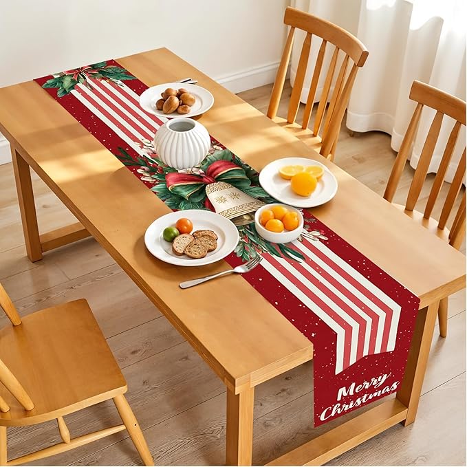 Christmas Table Runner– Elegant Merry Christmas Design with Golden Bell, Greenery & Red Bow, Festive Holiday Table Decoration for Dining Table, Kitchen & Home Décor
