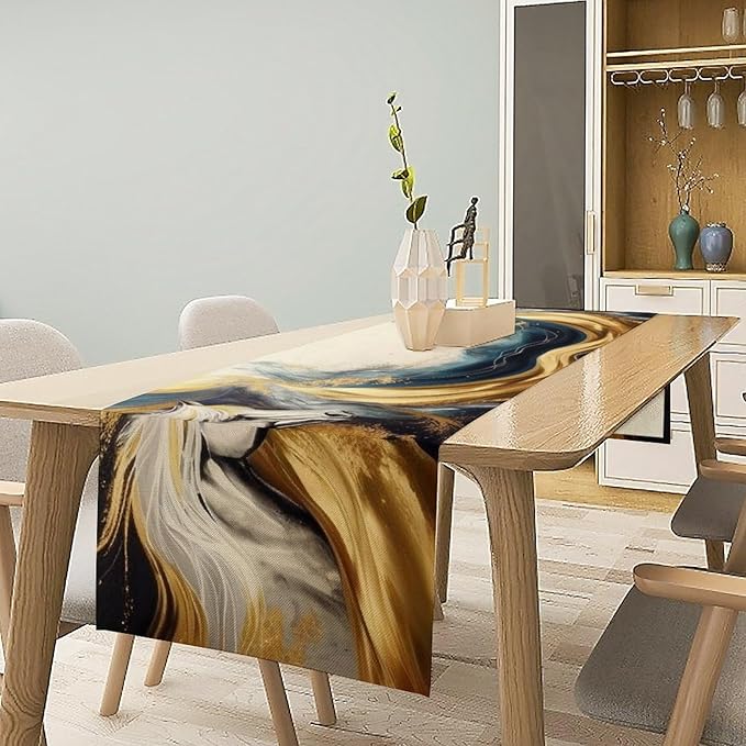 Marble Horse Table Runner, Dark Green Brown Marble Abstract White Horses Gold Natural Texture Dinner Runner Table Decoration for Home Kitchen Dining Holiday Party 13x36in