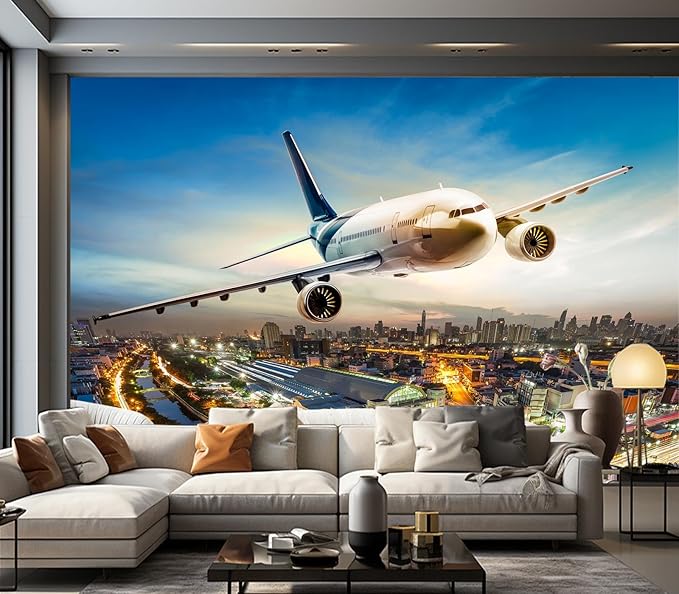 Cliouar-Airplane Flying Over The Night City Wall Mural Wallpaper Peel and Stick 160" x 114"