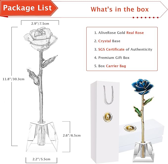 AliveRose 24k Gold Rose in Dipped,24k Gold Real Rose Gift for her, Long Stem Rose Made from Real Gold Rose for Anniversary Valentines Mothers Day Birthday (Deep Blue with Crystal Vase)