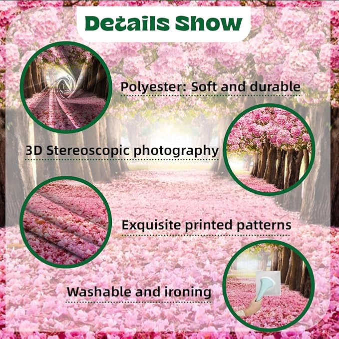 7x5ft Cherry Blossom Backdrop Romantic Pink Flower Tree Forest Falling Petal Tunnel Road Pathway Nature Natural Photography Background Wedding Bridal Shower Valentines Day Birthday Decor