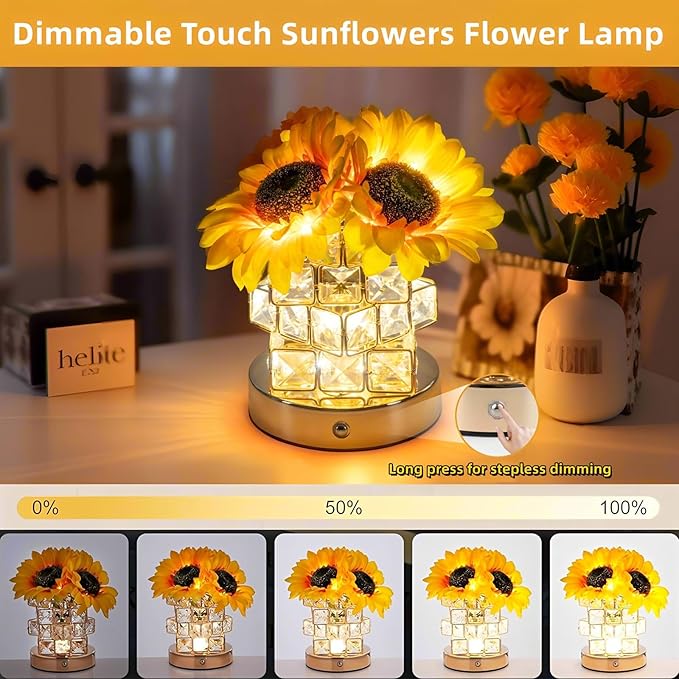 Sunflowers Flower Lamp,Rechargeable Cordless Touch Table Lamp for Bedroom,3-Colour Dimming Small Night Light,Crystal Bedside Lamps with USB Charge,Birthday Christmas Gifts for Women,Mom (Sunflowers)
