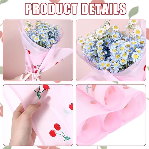 20 Sheets Bouquet Wrapping Paper, 22.4Inch Pink Cherry Pattern Flower Floral Wrapping Pink Floral Paper for Bouquets Kit, Waterproof Decorations with Ribbon for DIY Crafts Wedding Birthday Party