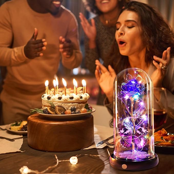 Christmas Rose Gifts for Women, Womens Gift for Christmas Rechargeable Galaxy Glass Rose Light Up Roses In Glass Dome Crystal Flower Butterfly Birthday Xmas Gifts for Women Wife Grandma Sister Purple