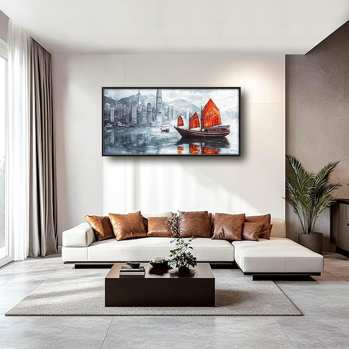 Cityscape Boat Large Wall Art Sailboat Pictures Wall Decor Coastal Canvas Ocean Nautical Print Painting Modern Artwork Home Decoration for Living Room Bathroom Bedroom Office Framed 60"x30"