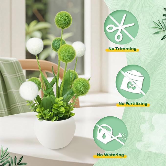 KTSOLRA Pom Pom Balls for Aesthetic Room Decor, Faux Flowers for Vase, Green Cream Neutral Floral Arrangements Centerpiece