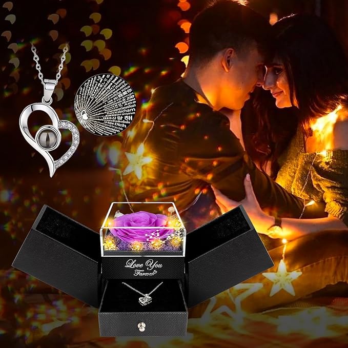 Preserved Purple Real Rose-Eternal Flowers Rose Gifts for Mom Grandma Wife Girlfriend on Mothers Day Birthday Valentines Christmas Anniversary Romantic Gifts for Her with I Love You Necklace