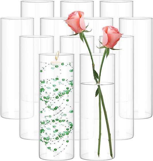 12 Pack Glass Cylinder Vases 10 Inch Tall Clear Flower Vase for Centerpieces, Hurricane Floating Candle Holder Wedding Decorations, Floral Vase Bulk for Table Shelf Party Home Deco (10 x 3.35 Inch)