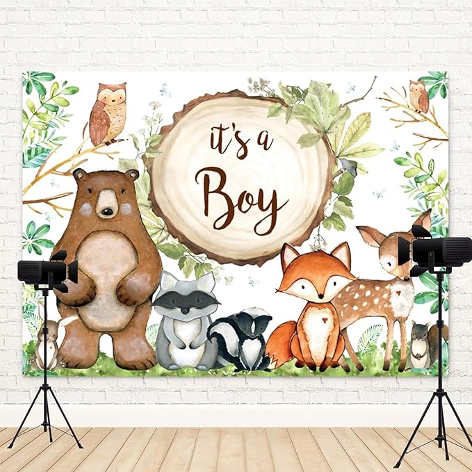 10x8ft Woodland Baby Shower Backdrop It's a Boy Photography Background Jungle Green Grass Leaves Animals Bear Fox Deer Baby Boys Party Banner Decorations Newborn Portrait Photo Booth Prop