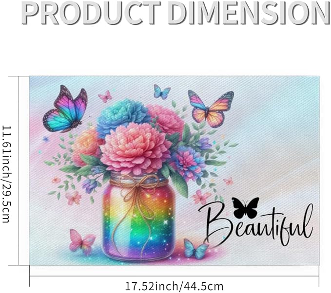 PVC Placemats Set of 6 Rainbow Flower Butterfly Wipeable Table Mats Washable Heat Resistant Non Slip Vinyl Dining Table Mat for Kithen Indoor Outdoor Patio Farmhouse Place Mats Decorative