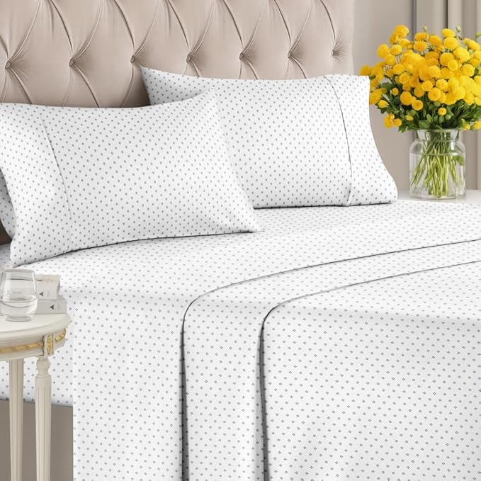 Blue Dot Pattern Sheets - 1 Flat & 1 Fitted Sheet & 2 Pillowcases w/ Deep Pockets - Spot Print Bedding - Wrinkle & Fade Resistant - Soft, Breathable & Cooling - Comfy, Luxury Bedding - Queen Size