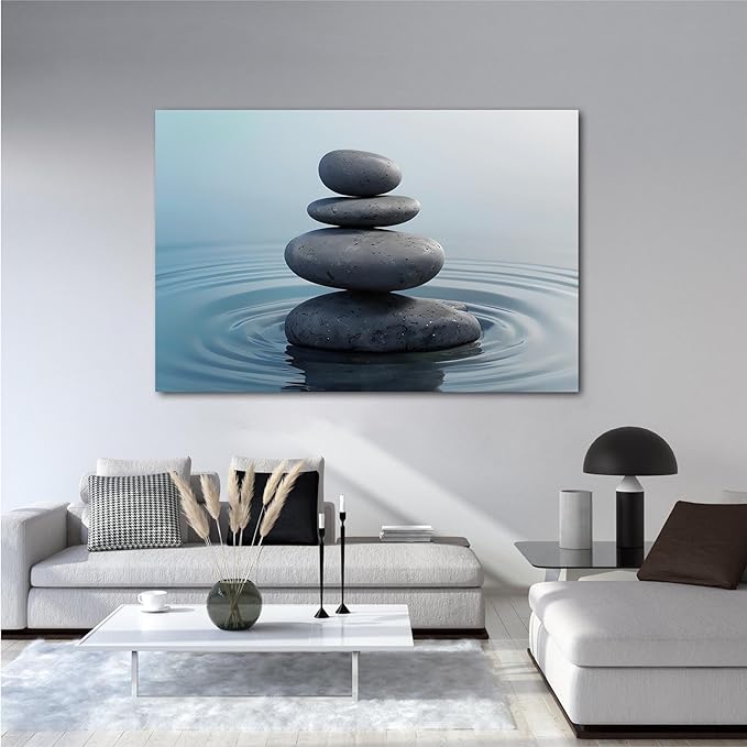 Zen wall art Harmonious grey stones stacked on a calm surface of water Serene Zen decor suitable for tranquil homes and spaces of meditation 20x30in Wood Framed