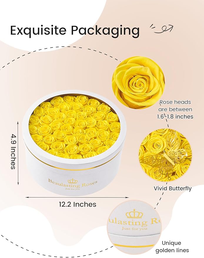 Preserved Roses Forever Flowers Real Roses in a Box Mother's Day Birthday Flowers for Her Mom Women Wife Valentine's Day, Yellow, 47 Piece