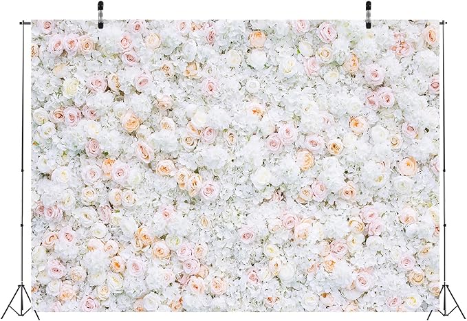 BELECO 15x10ft Fabric Flower Wall Backdrop Pink White Roses Flowers Floral Wall Background Backdrop Valentine's Day Party Engagement Newborn Baby Shower Birthday Wedding Photoshoot Studio Props