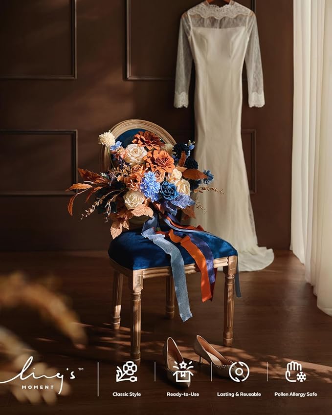 Ling's moment Blue and Orange Wedding Bouquets for Bride, Navy Orange Bridal Bouquets for Bride, 15 Inch Free Form Artificial Wedding Flowers Bouquets