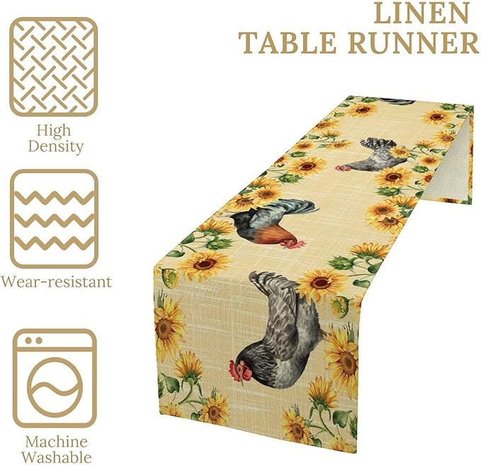 Rooster Sunflower Table Runner Vintage Farm Chicken Flower Dinner Runner for Country Farmhouse Home Kitchen Dinner Table Party Decoration 13x70in