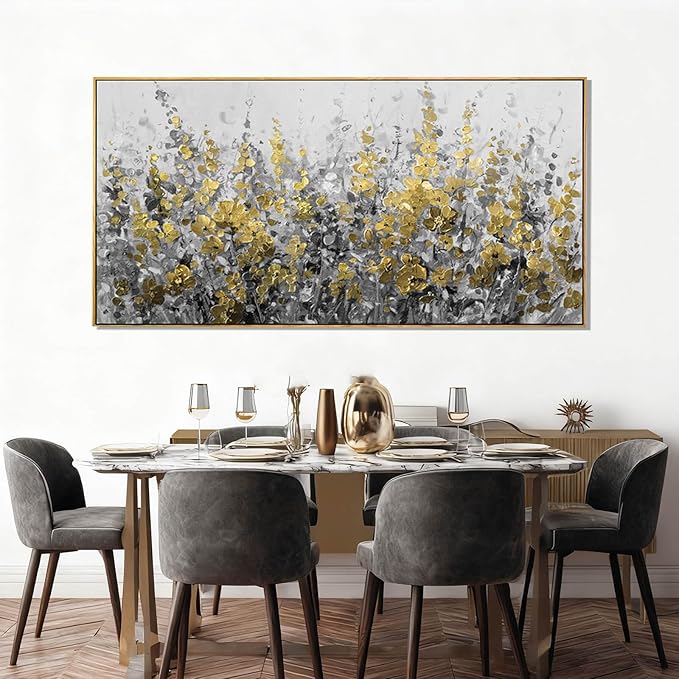 Framed Golden Floral Canvas Wall Art Large 29x58 Inch Grey and Gold Abstract Painting Textured Modern Flower Artwork for Above Couch Living Room Bedroom Home Decor
