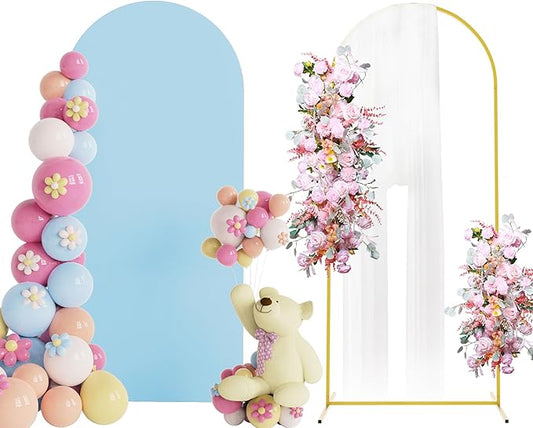 Putros 6ft Metal Arch Stand with Cover Dusty Blue Spandex Fitted Wedding Arch Cover and Round Top Chiara Backdrop Stand Set for Birthday Party Baby Shower Decoration