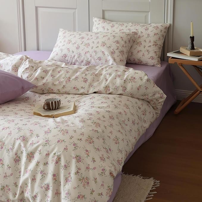 LifeTB Vintage Garden Floral Comforter Set Queen Cute Pink Floral Bedding Comforter for Queen Bed Reversible Botanical Flowers Comforter with 2 Pillowcases Girls Cottagecore Bedding Comforter Set