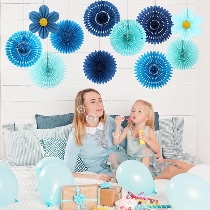zilue Paper Fans Party Decorations Paper Flowers Decorations for Wall Classroom Floral Backdrop Baby Shower Birthday Party Flower Wall Decor Pack of 11 Blue