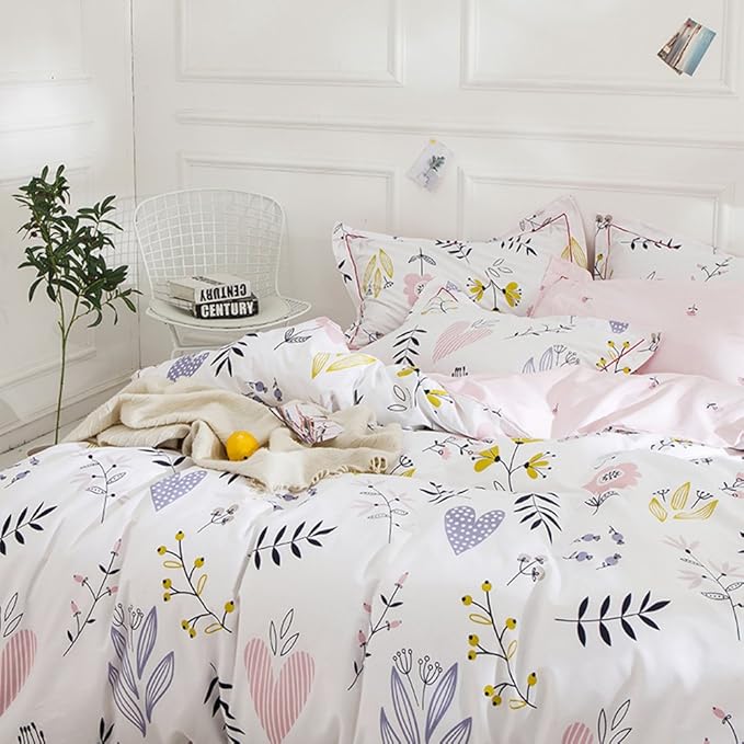 Girls Boho Floral Duvet Cover Twin Aesthetic Bedding Sets with 2 Pillowcases Pink Cotton Botanical Comforter