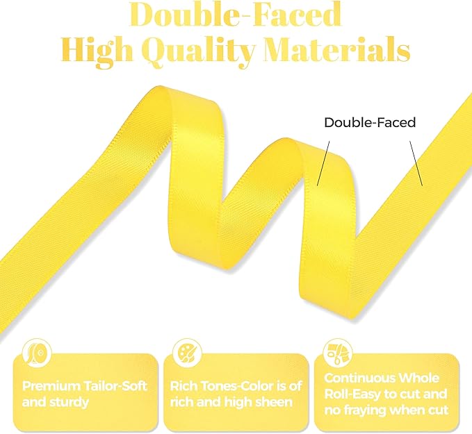 Daffodil Yellow Satin Ribbon, Double Faced 1/2 Inch X 50 Yards Daffodil Ribbon, Premium Satin Ribbon for Gift Wrapping, Crafts, Hair Bow Making, Sewing, Flower Bouquet, Wedding Party Decor