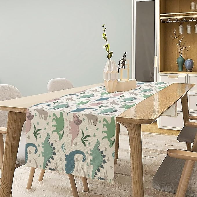 Cartoon Dinosaur Table Runner,Kids Boys Cute Colorful Animal Dino Abstract Print Tablecloth Burlap for Hotel Indoors Outdoor Dining Room Kitchen Holiday Party, 13x60in