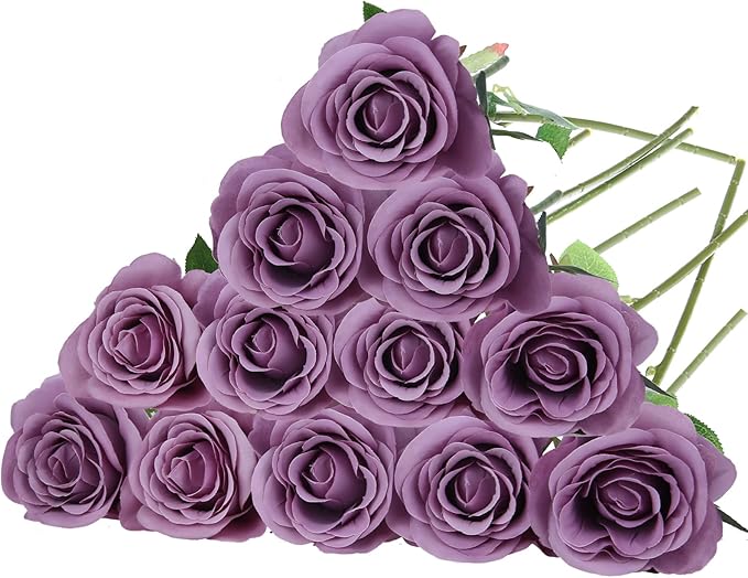 Felice Arts 12 Pack Purple Roses Artificial Flowers with Stems Fake Flowers Bouquet Silk Lilac Roses for Wedding Centerpiece Table Vase Home Kitchen Party DIY Decor